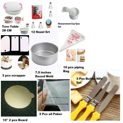 Picture of Super Combo 9 Product Turn Table,12 pcs Nozel, Measurement cup set,3 Scrapper, 7.5" Round Mold,10 pipingg Bag,2 Pcs 10" Board,5 Pcs Oil Paper,3 Butter nife set -Multicolor