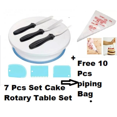 Picture of 7 pcs Combo + 10 pcs piping Bag Free Tutn Table+3Pcs Scrapper + 3 Butter Nife + Free 10 Pcs Piping -Multicolor