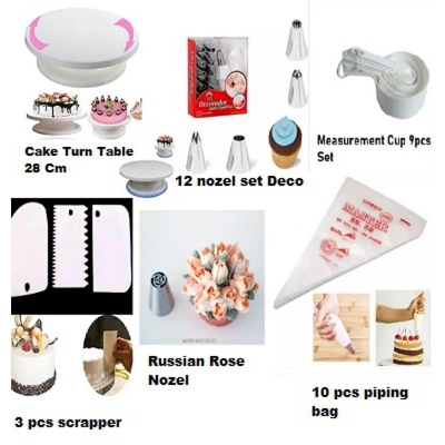 Picture of Cake Combo Of Turntable & 12 Pieces Of Stainless Steel Nozzle Set & Single Piece Russian Big Size Nozzle & Measuring Spoon Cup Set & 3 pieces Plastic Cream Scraper & 10 Pieces Pipping Bags (6 products) -Multicolor