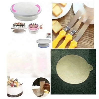 Picture of 4 Cake Combo Turn Table + 3 Butter Nife +3 Scrapper + 10" 2 Board -Multicolor