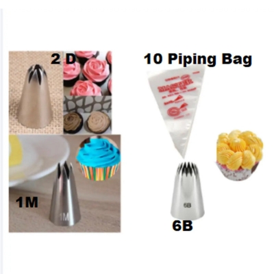 Picture of 3 Pieces Big Size Nozzle Set( 1M + 2D + 6B) +10 Pieces Pipping Bag - Cake Decoration Tools -Silver