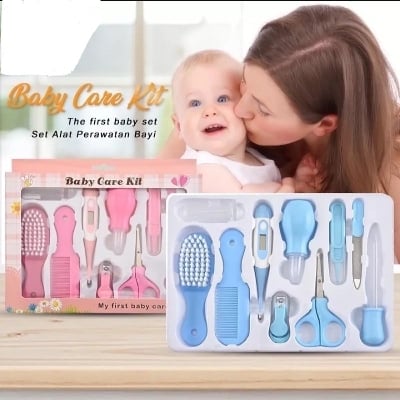 Picture of Baby Care Kit, 10 Pcs Convenient Healthcare Grooming Set Essential Daily Care Tool Nail Clipper Manicure Safety Scissors Nose Cleaner Hair Brush Comb Personal Care Kit for Toddler - Pink&Blue