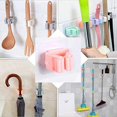 Picture of 1pcs Wall Mounted Mop Organizer Holder Brush Broom Hanger Home Storage Rack Bathroom Suction Hanging Pipe Hooks Household Tools - Multicolor