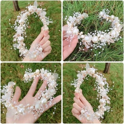 Picture of 1pcs Headband Elegant Girls Bridal Headband Imitated Pearl Hair Headdress Flower Wreath Bride Garland Head Hoop Wedding Headbands Hair Jewelry