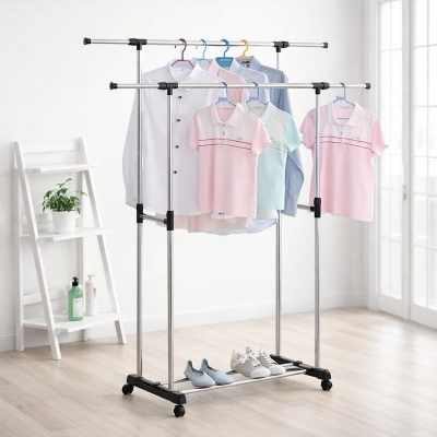 Picture of Indoor Double pole Durable Double Pole  Telescopic Heavy Duty Cloth Rack Heavy Duty Double Pole Rack Organizer Hanger Rack - Black