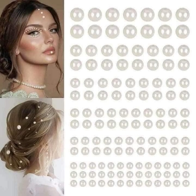 Picture of Hair Pearls Stick On Self Adhesive Pearls Stickers Face Pearls Stickers For Girls - White - Int: One size