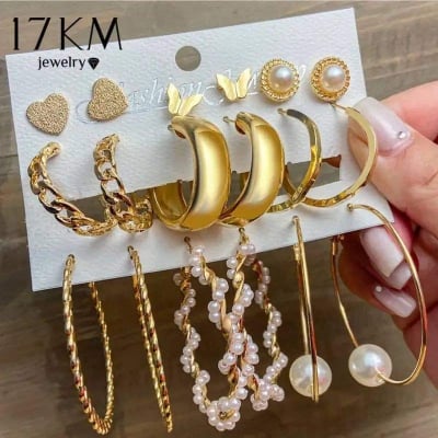 Picture of 18pcs earing set for women Hoop Earrings Set Fashion  Drop Dangle Earring Hypoallergenic Earrings Girls Trendy Jewelry - Gold - Adjustable