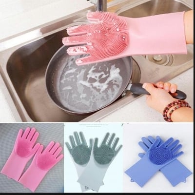 Picture of Silicone Cleaning Gloves with Wash Scrubber Reusable Brush Dish - Multicolor