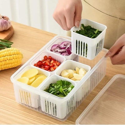 Picture of Fridge Storage Box, 6 Grid Refrigerator Storage Containers, Kitchen Storage Set, Vegetable Storage, Draining Crisper Food Box