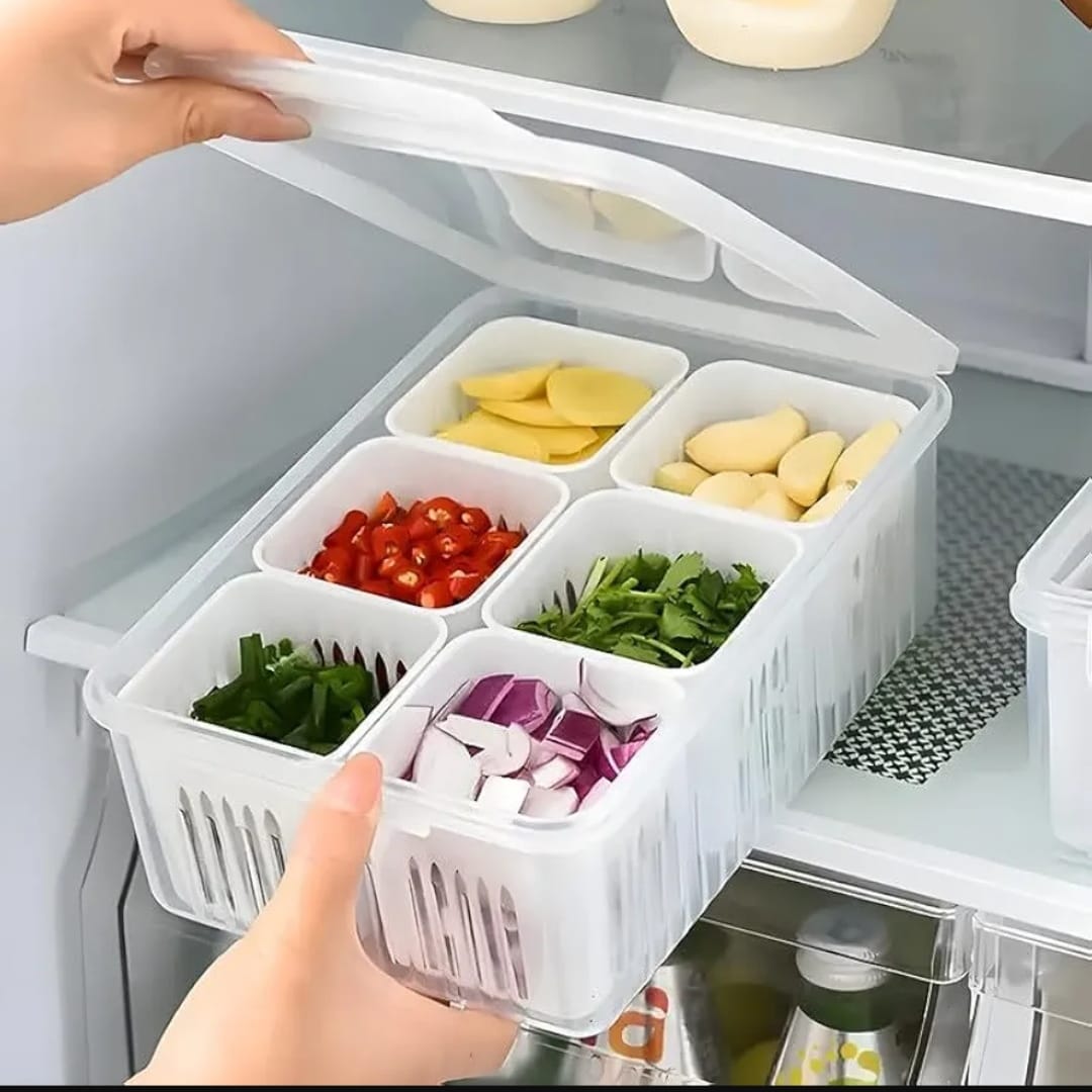 Picture of Fridge Storage Box, 6 Grid Refrigerator Storage Containers, Kitchen Storage Set, Vegetable Storage, Draining Crisper Food Box