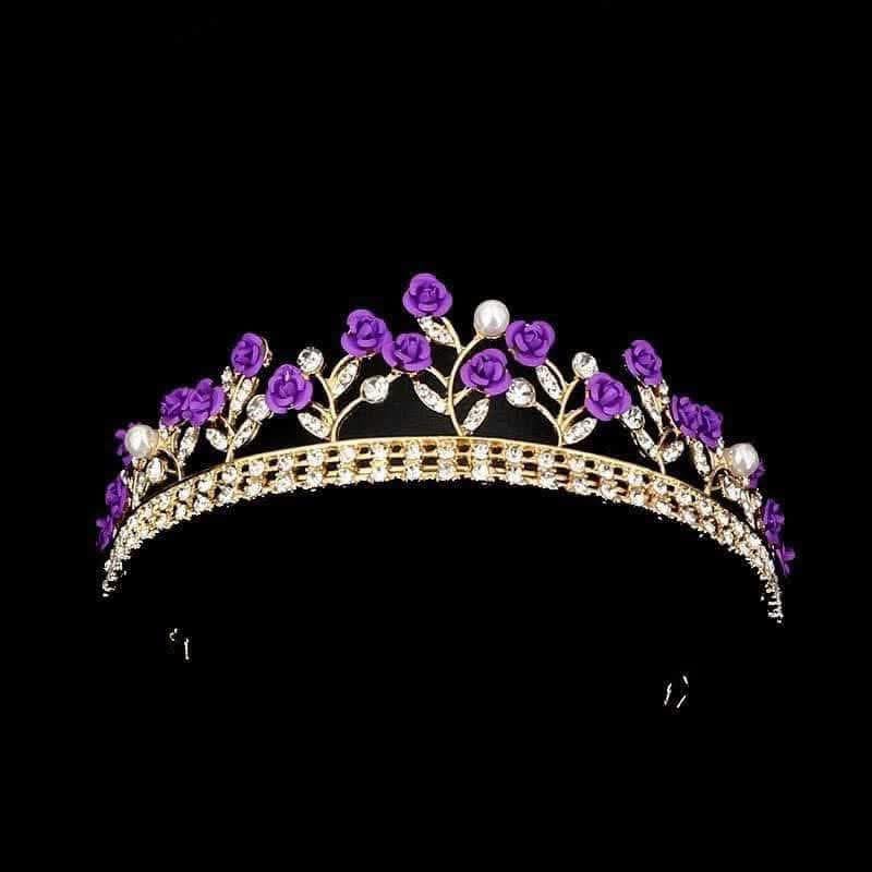 Picture of Purple Rose Tiaras Bridal Wedding Queen Crowns Gold Flower Princess Crown Pearls Crystal Headbands Rose Flower Jewelry for Women and Girls - Purple