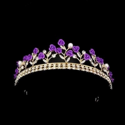 Picture of Purple Rose Tiaras Bridal Wedding Queen Crowns Gold Flower Princess Crown Pearls Crystal Headbands Rose Flower Jewelry for Women and Girls - Purple