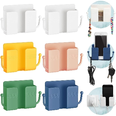 Picture of 1pcs Wall Mount Phone Holder Self-Adhesive Wall Beside Organizer Storage Box Plastic Charging Phone Stand Remote Wall-Mounted Phone Brackets Holder for Bedroom