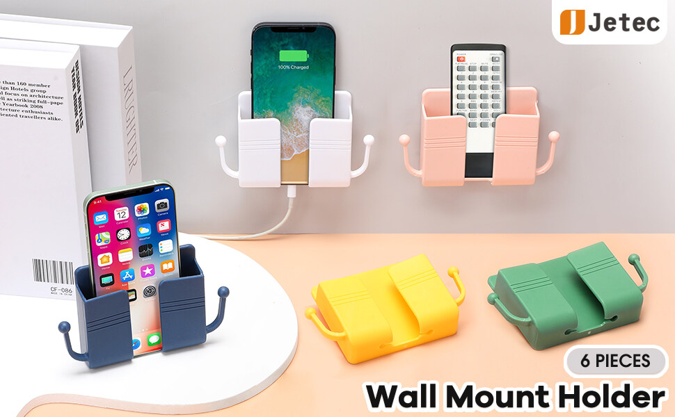 Picture of 1pcs Wall Mount Phone Holder Self-Adhesive Wall Beside Organizer Storage Box Plastic Charging Phone Stand Remote Wall-Mounted Phone Brackets Holder for Bedroom