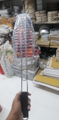 Picture of BBQ Fish Grill Net Basket Silver Table Grill (BIG SIZE stainless steel handle type Fish Basket Holder - Silver