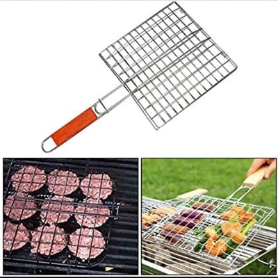 Picture of BBQ Grill Net With Handle Steel Outdoor Camping Grill BBQ Mesh Net Tongs Clip Barbecue - Silver