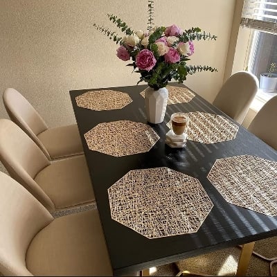 Picture of 6 pcs PVC Geometric Gold Silver Hollow Placemat / Cup Mat Home Decoration Kitchen Tool For Dining Table Bowl Plate - Multicolor