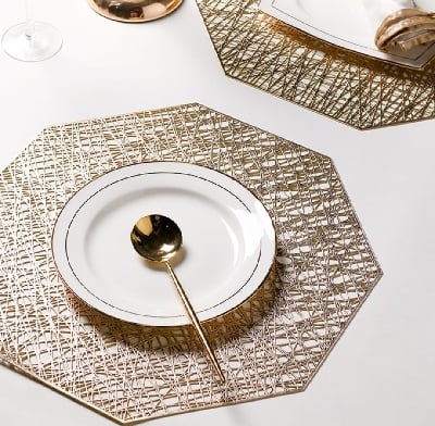 Picture of 6 pcs PVC Geometric Gold Silver Hollow Placemat / Cup Mat Home Decoration Kitchen Tool For Dining Table Bowl Plate - Multicolor