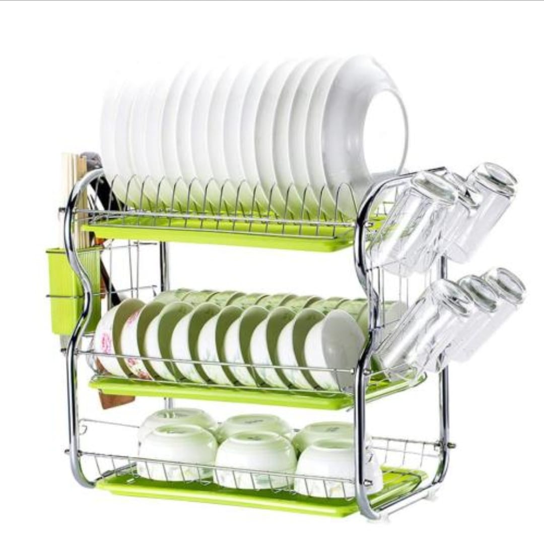 Picture of Dish Rack , 3 lier Dish Rack Stainless Steel Dish Drainer Utensil Holder, Cutting Board Holder with Removable Drain Board for Kitchen Countert - Multicolor