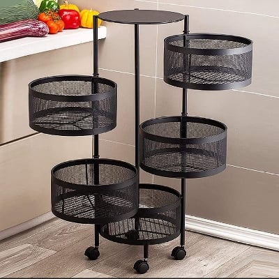 Picture of 5 Layer Rotating Kitchen Rack 360 Degree Floor Organizer with Wheels for Vegetables and Fruits - Black