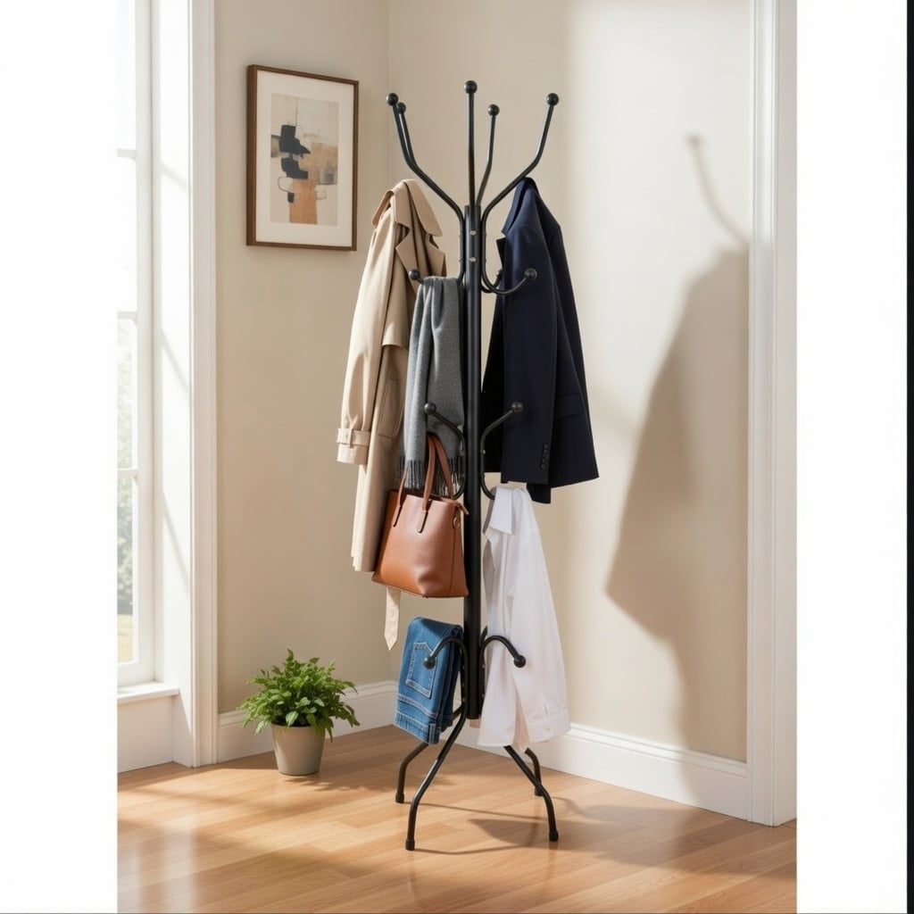 Picture of Premium Metal Coat & Hat Stand Rack with Multi Hooks (Black) - Black