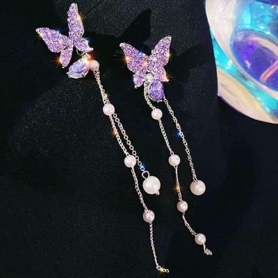 Picture of Trendy Korean Fashionable Crystal Butterfly Dangle Earrings Tassel Elegant Female Pearl Earings for Women