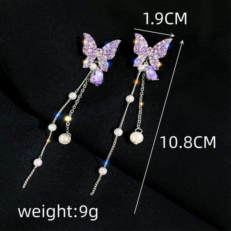 Picture of Trendy Korean Fashionable Crystal Butterfly Dangle Earrings Tassel Elegant Female Pearl Earings for Women Girl Party & Woman