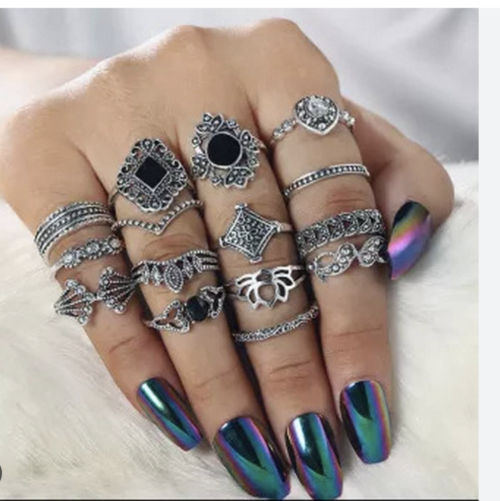 Picture of 15 Piece/Set Bohemian Retro Crystal Flower Leaves Leaves Blank Padma Gem Silver Ring