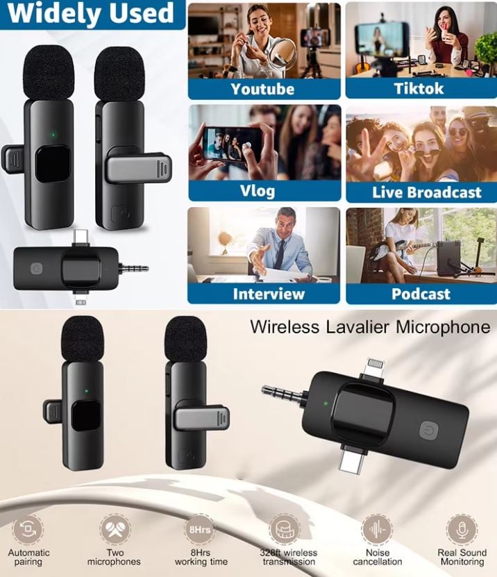 Picture of K15 Wireless Microphone 3-in-1 Type C, iPhone, 3.5mm Video Broadcast Noise Reduction Universal Mini Lapel Microphones, Multi Device Lavalier Collar Microphone