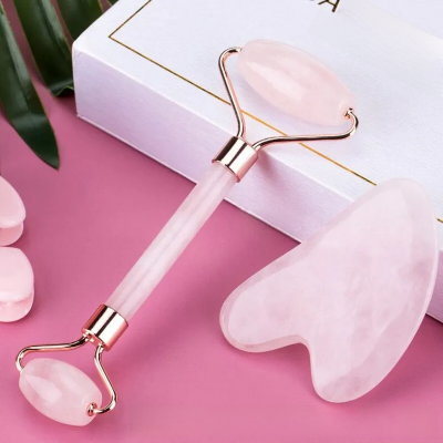 Picture of 2Pcs Pink/White/Multi Resin Natural Jade Massage Spa Roller + Gua Sha Board Scrapers Plate For Face Body Relaxation Anti-Aging Skin Massage - Black Head Remover