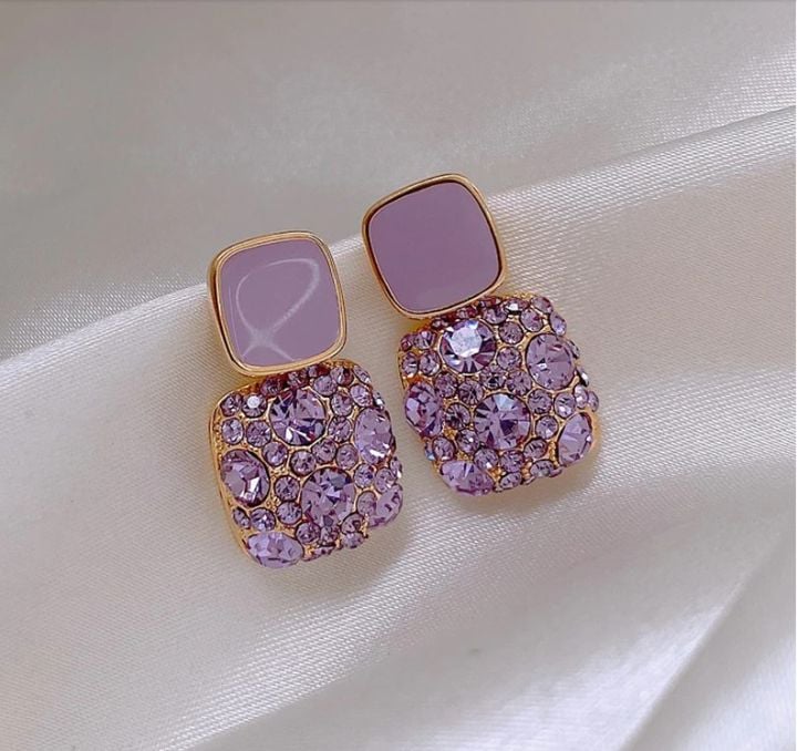 Picture of Luxury Female Crystal Zircon Stone Earrings Purple Color Jewelry Vintage Double Stud Earrings For Women