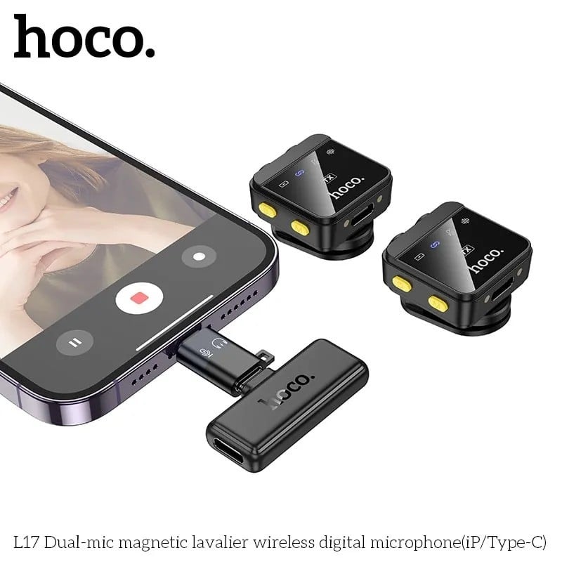 Picture of Hoco L17 Dual-Mic Magnetic Lavalier Wireless Digital Microphone  (iP/Type-C )