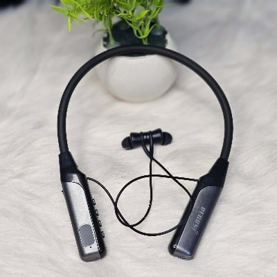Picture of Recrsi Heavy Bass Neckband [-200 ঘন্টা চার্জিং ব্যাকআপ ] RE-NY060 Wireless Bluetooth Neckband Digital Display Long Battery fast charging support Black
