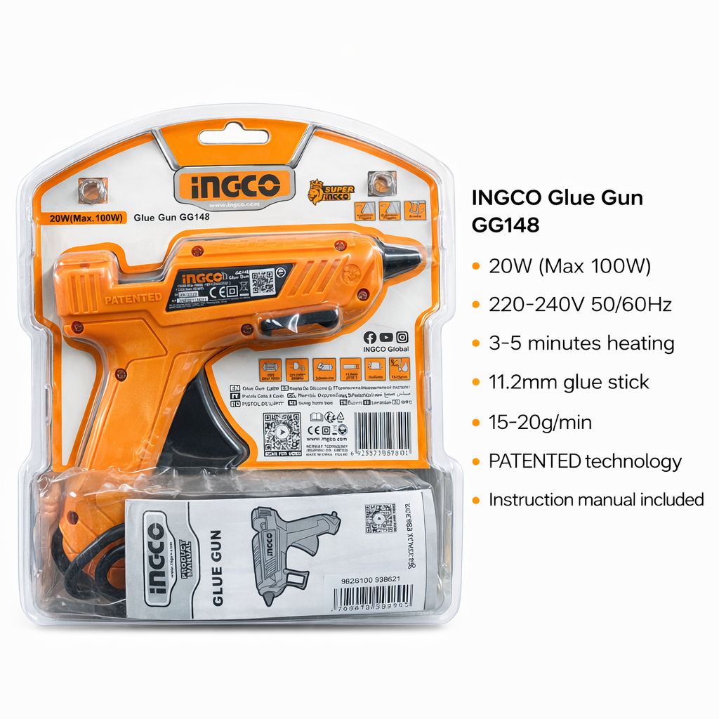Picture of INGCO GG148 Hot Glue Gun 20W (Max 100W) – 11.2mm Stick, Fast Heating, DIY & Craft Tool Product Name: INGCO GG148 Professional Hot Glue Gun - Yellow