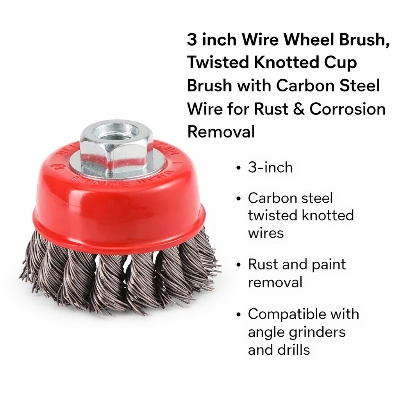 Picture of 3 Inch Wire Wheel Cup Brush – Twisted Knotted Carbon Steel Wire Brush for Rust Removal & Metal Cleaning - Red