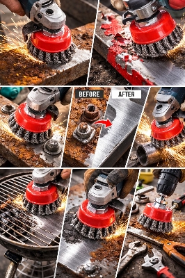Picture of 3 Inch Wire Wheel Cup Brush – Twisted Knotted Carbon Steel Wire Brush for Rust Removal & Metal Cleaning - Red