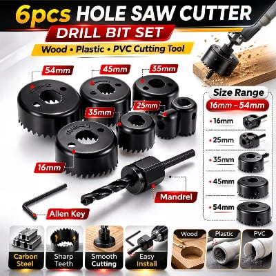 Picture of 6 Pcs Hole Saw Cutter Drill Bit Set – Wood & Plastic Round Cutting Tool Kit