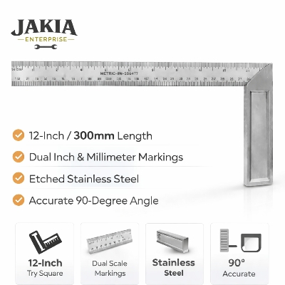 Picture of 12 Inch Try Square Measuring Tool – Steel Right Angle Square Ruler for Woodworking & Metal Work - Silver