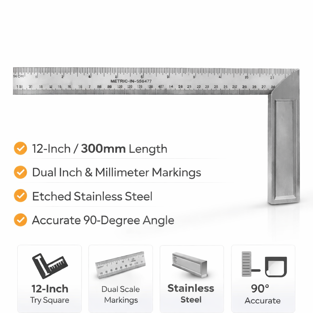 Picture of 12 Inch Try Square Measuring Tool – Steel Right Angle Square Ruler for Woodworking & Metal Work - Silver