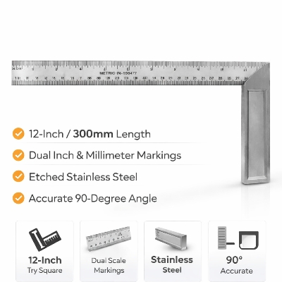 Picture of 12 Inch Try Square Measuring Tool – Steel Right Angle Square Ruler for Woodworking & Metal Work - Silver