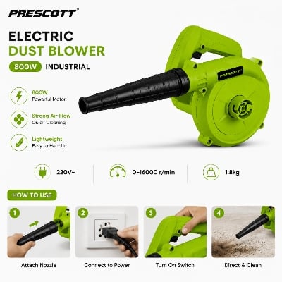 Picture of PRESCOTT 800W Industrial Electric Dust Blower Powerful Air Blower Machine for Home, PC & Workshop Cleaning