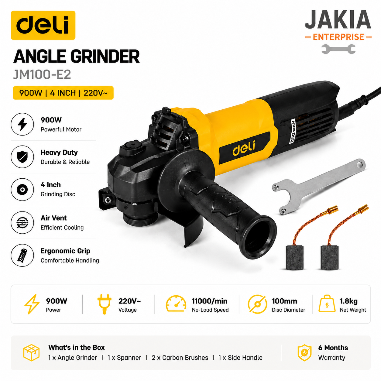 Picture of Deli 900W Angle Grinder Machine 4 Inch Heavy Duty Electric Grinding Cutting Tool JM100-E2 - Yellow