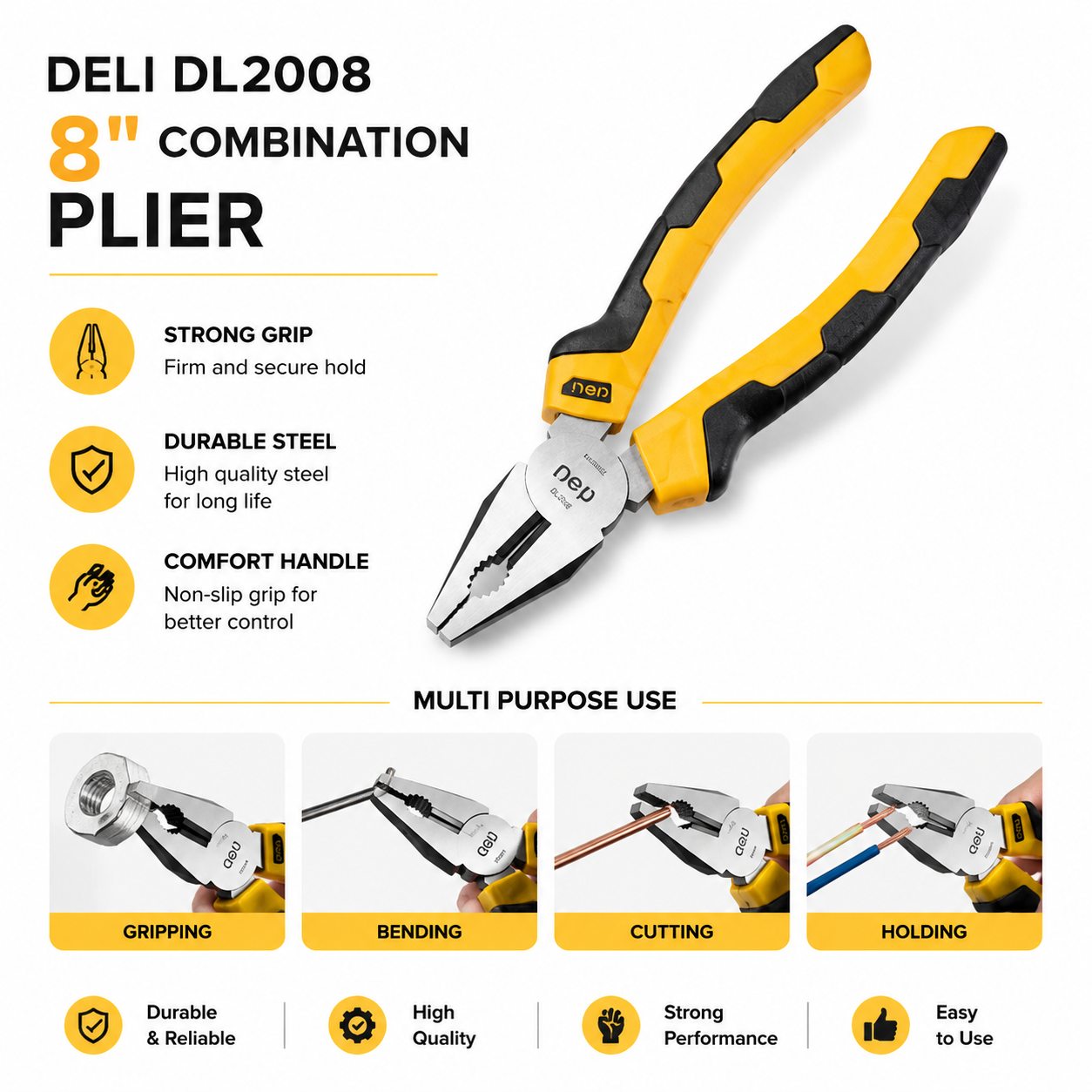 Picture of Deli DL2008 8 Inch Combination Plier Heavy Duty Multipurpose Cutting & Gripping Hand Tool - Yellow