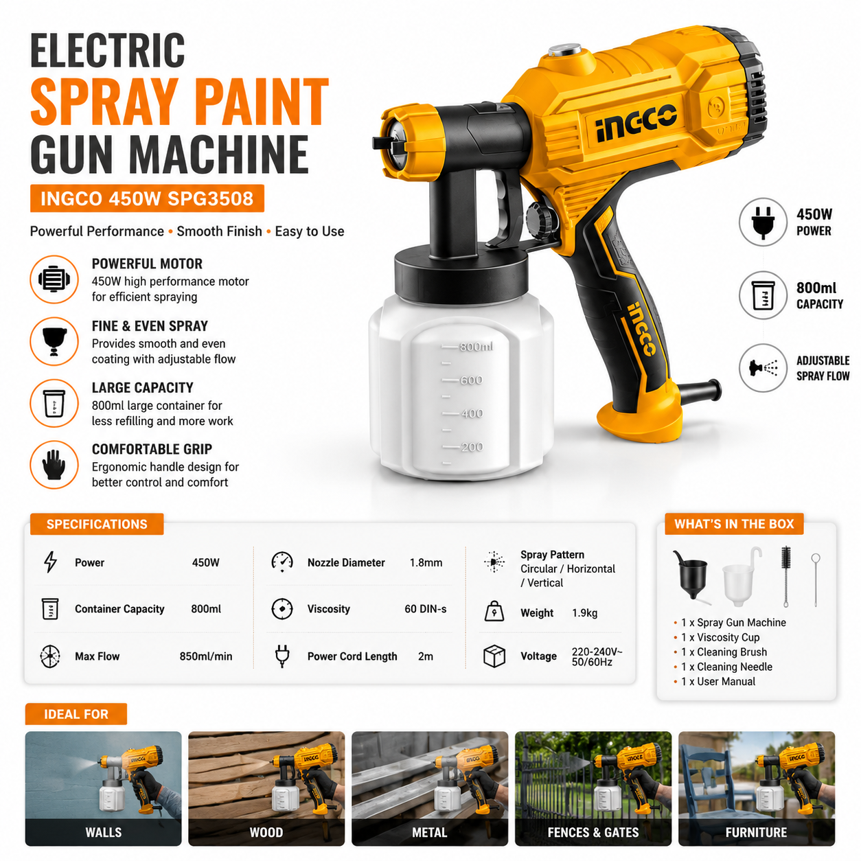 Picture of INGCO 450W Electric Spray Paint Gun Machine 800ml Professional Paint Sprayer for Wall Wood Metal Furniture