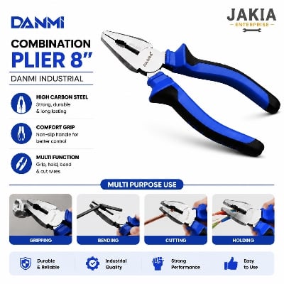 Picture of DANMI 8 Inch Combination Plier Industrial Heavy Duty Cutting Gripping Multipurpose Hand Tool - Blue