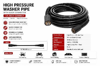 Picture of 10 Meter High Pressure Washer Pipe with 1/4 Inch Quick Connector | 2320 PSI Flexible Water Hose for Car & Bike Cleaning - Black