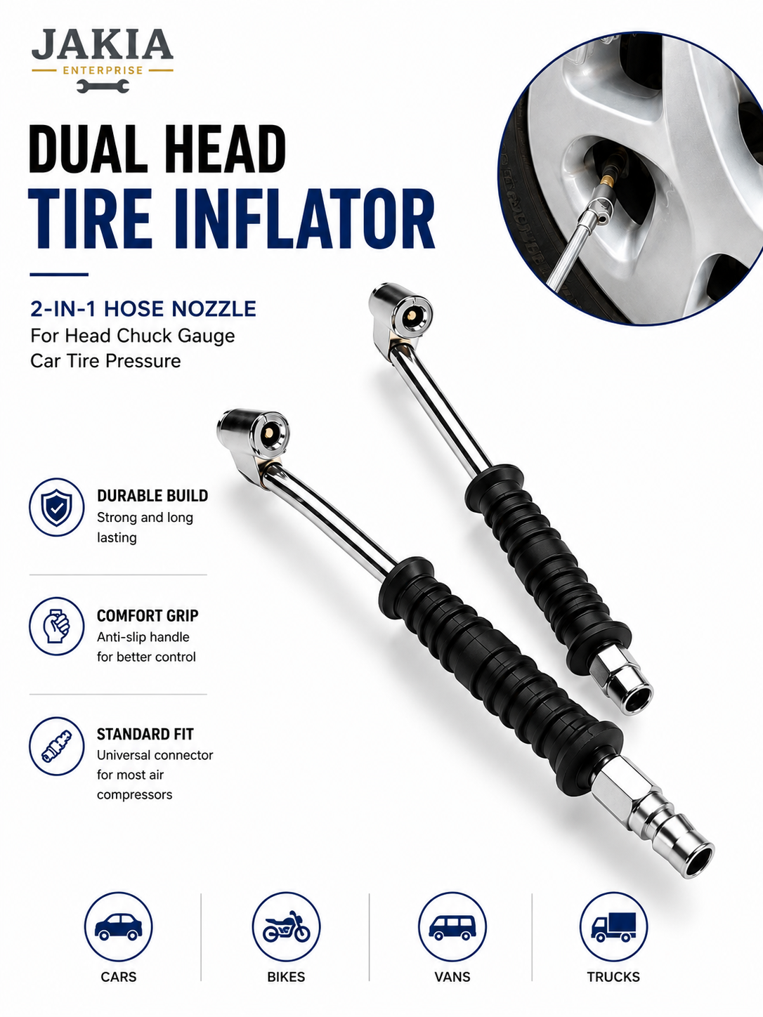 Picture of Dual Head Tire Inflator Air Chuck 2 In 1 Hose Nozzle Tire Pressure Inflator Connector for Car Bike Truck Air Compressor