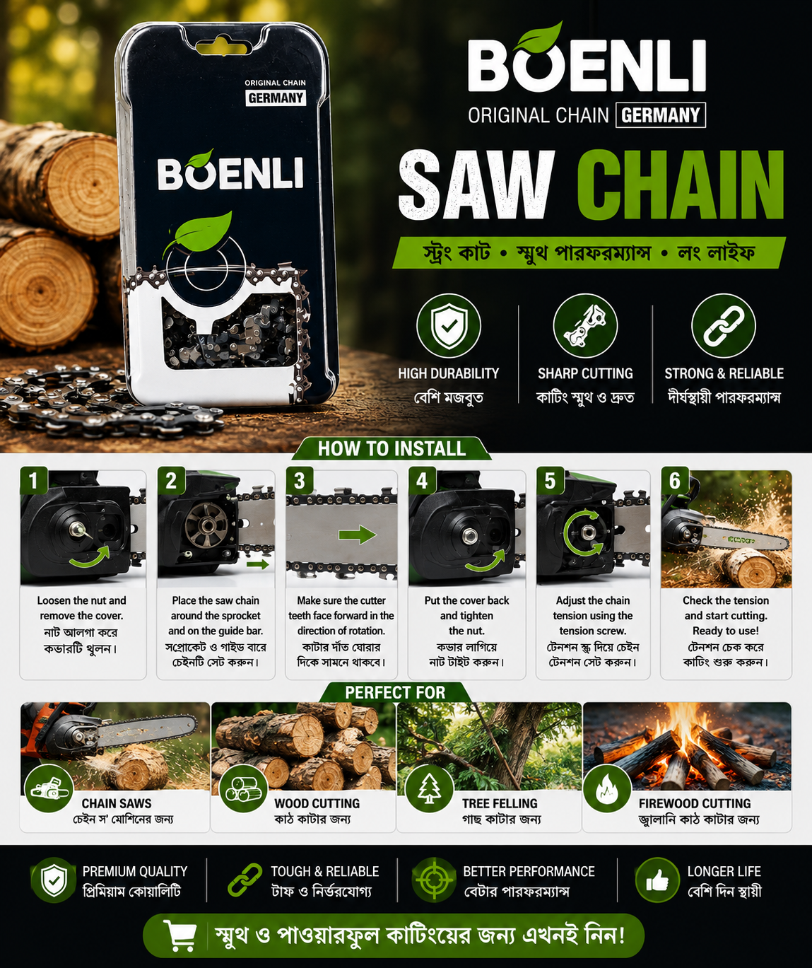 Picture of 16" Inche BOENLI Original Germany Saw Chain for Chainsaw Machine | Sharp Durable Heavy Duty Wood Cutting Chain - Green