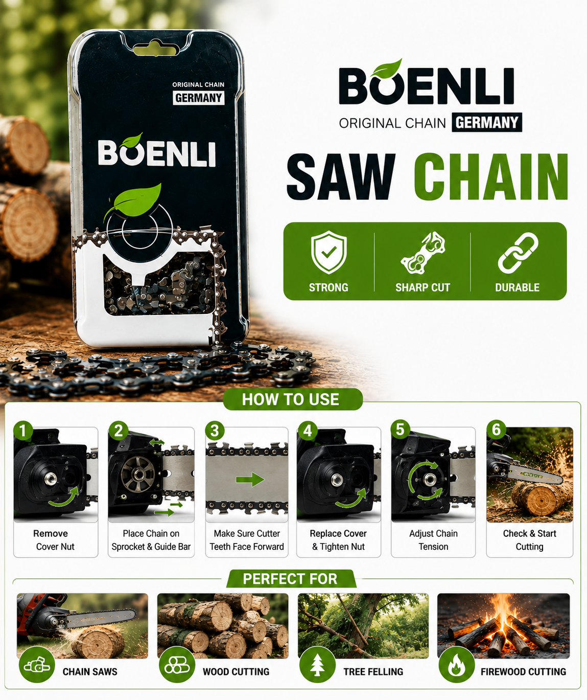 Picture of 16" Inche BOENLI Original Germany Saw Chain for Chainsaw Machine | Sharp Durable Heavy Duty Wood Cutting Chain - Green