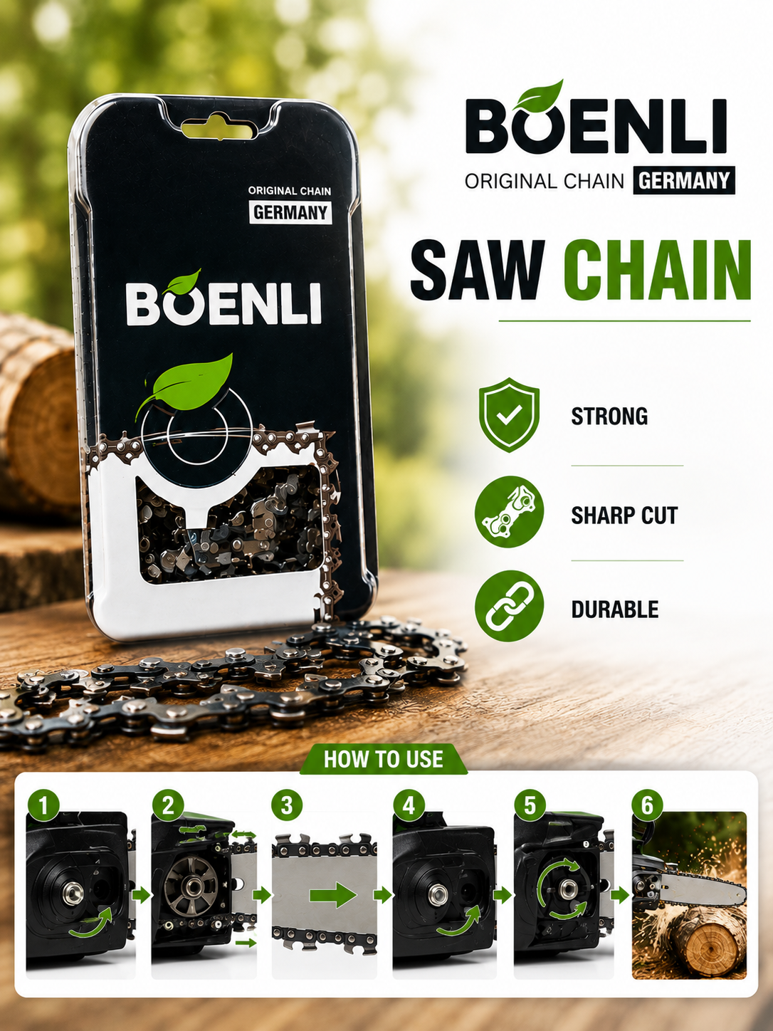 Picture of 16" Inche BOENLI Original Germany Saw Chain for Chainsaw Machine | Sharp Durable Heavy Duty Wood Cutting Chain - Green